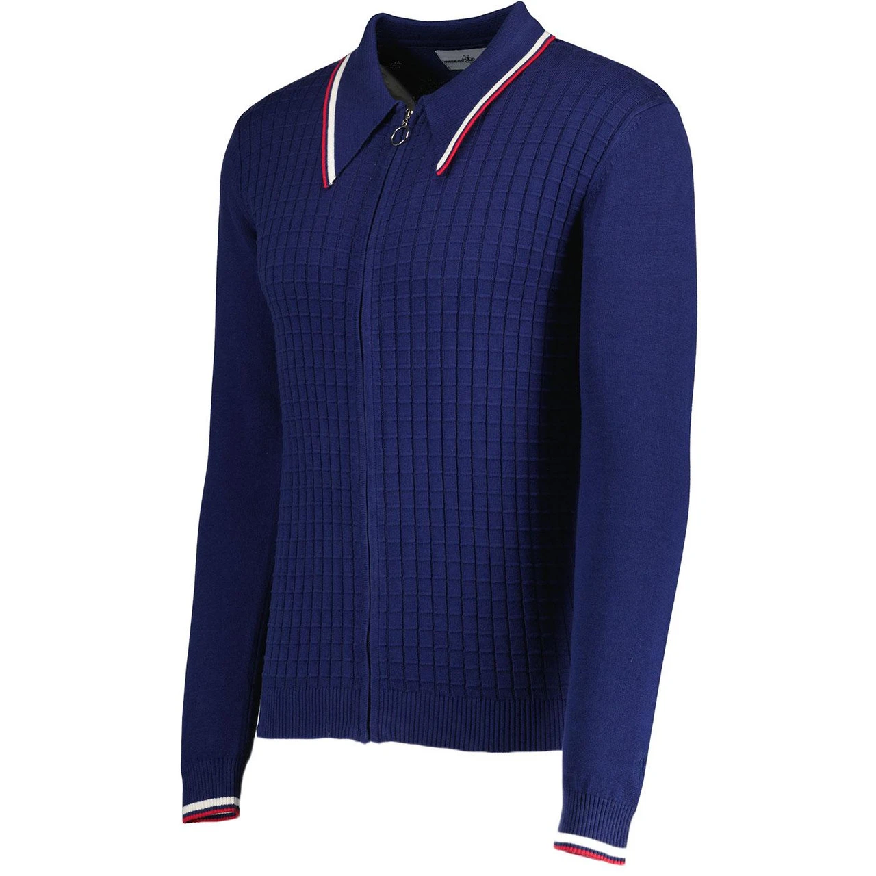 Apollo Mod Grid Check Big Collar Zip Polo Cardigan In Navy - Image 10