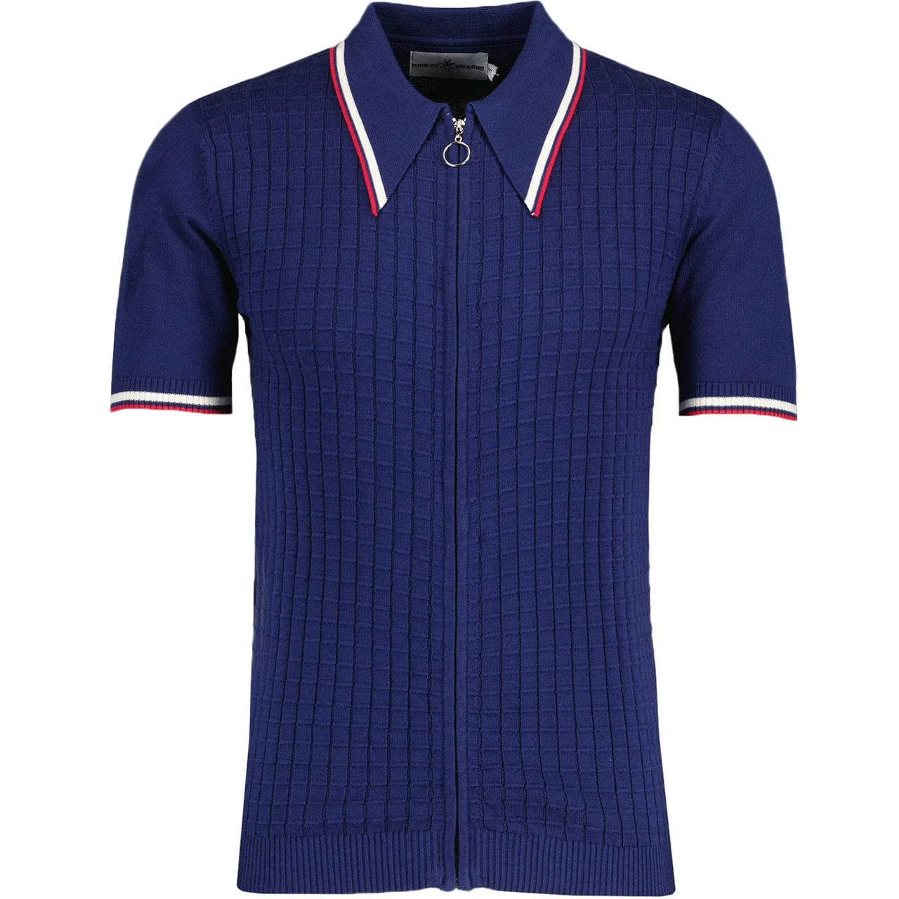 Cannon Mod Grid Check Big Collar Ring Zip Knitted Polo Navy - Image 3