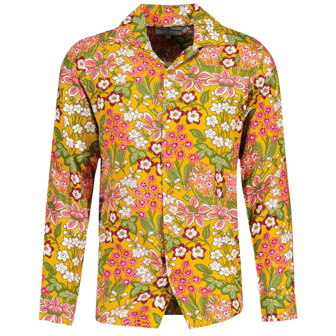 Rock-a-Hula Retro Rayon Floral LS Revere Collar Shirt Mustard