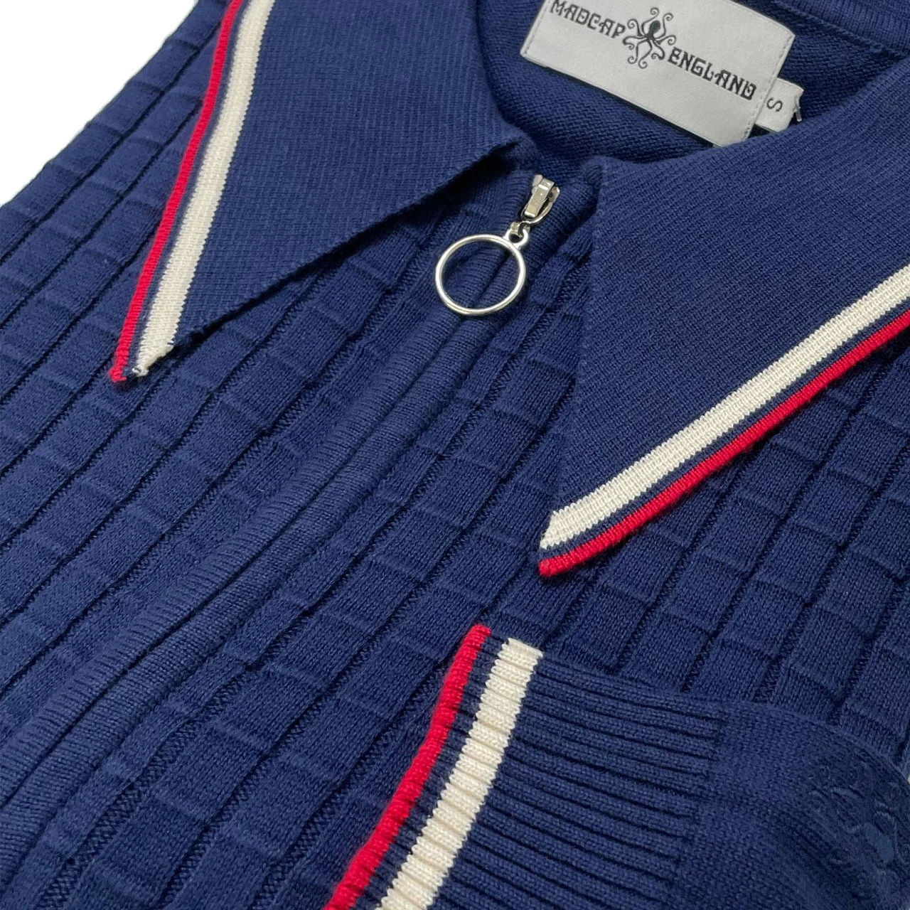 Apollo Mod Grid Check Big Collar Zip Polo Cardigan In Navy - Image 8